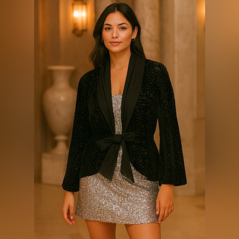 Luc Fontaine burnt velvet Black mesh Jacket with Tie Front size XXL